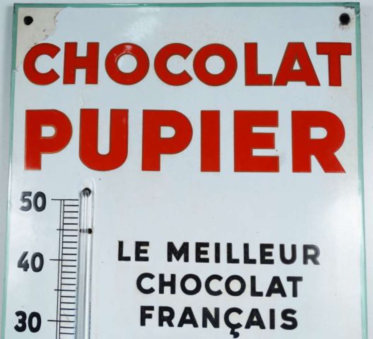 SUPERBE THERMOMETRE EMAILLE CHOCOLAT PUPIER - Ht : 64cm