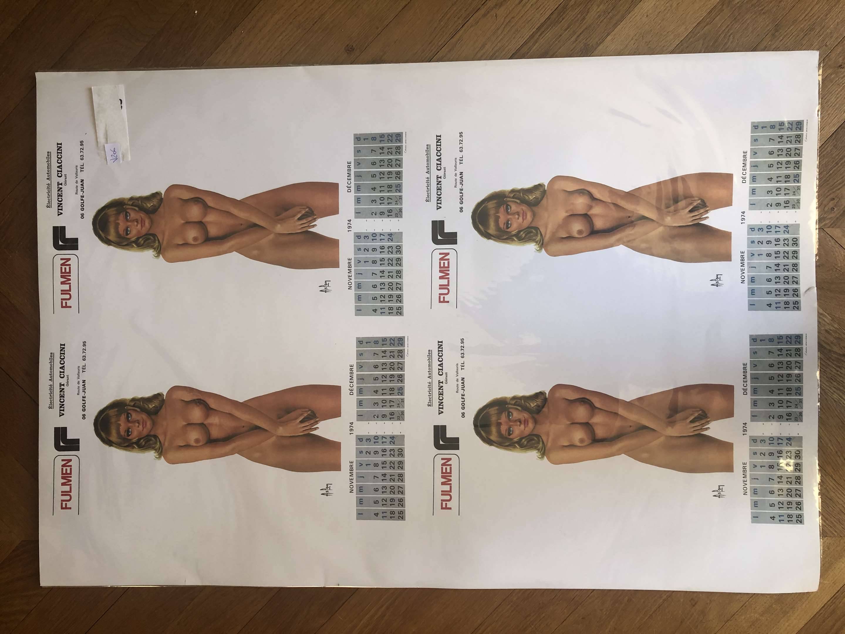 ASLAN - Planche non découpée de 4 parties du calendrier 1974 pour la marque  FULMEN - femme nue Pin, Vente aux enchères : Cartes postales - Vieux papiers