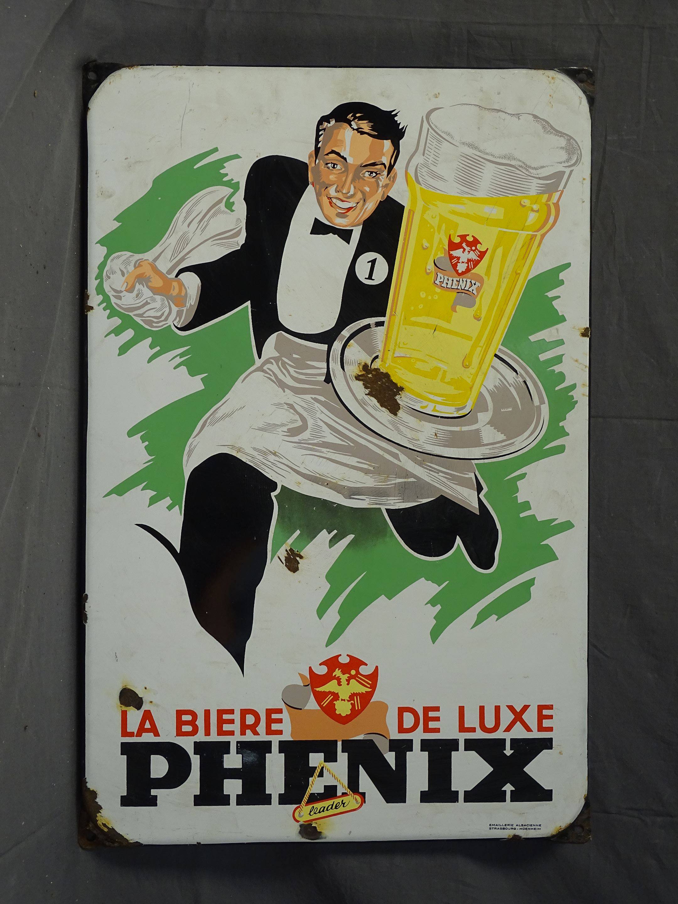 PhÉnix La Bière De Luxe Plaque émaillée Plate à Oreilles Émaillerie Alsacienne De Strasbourg 