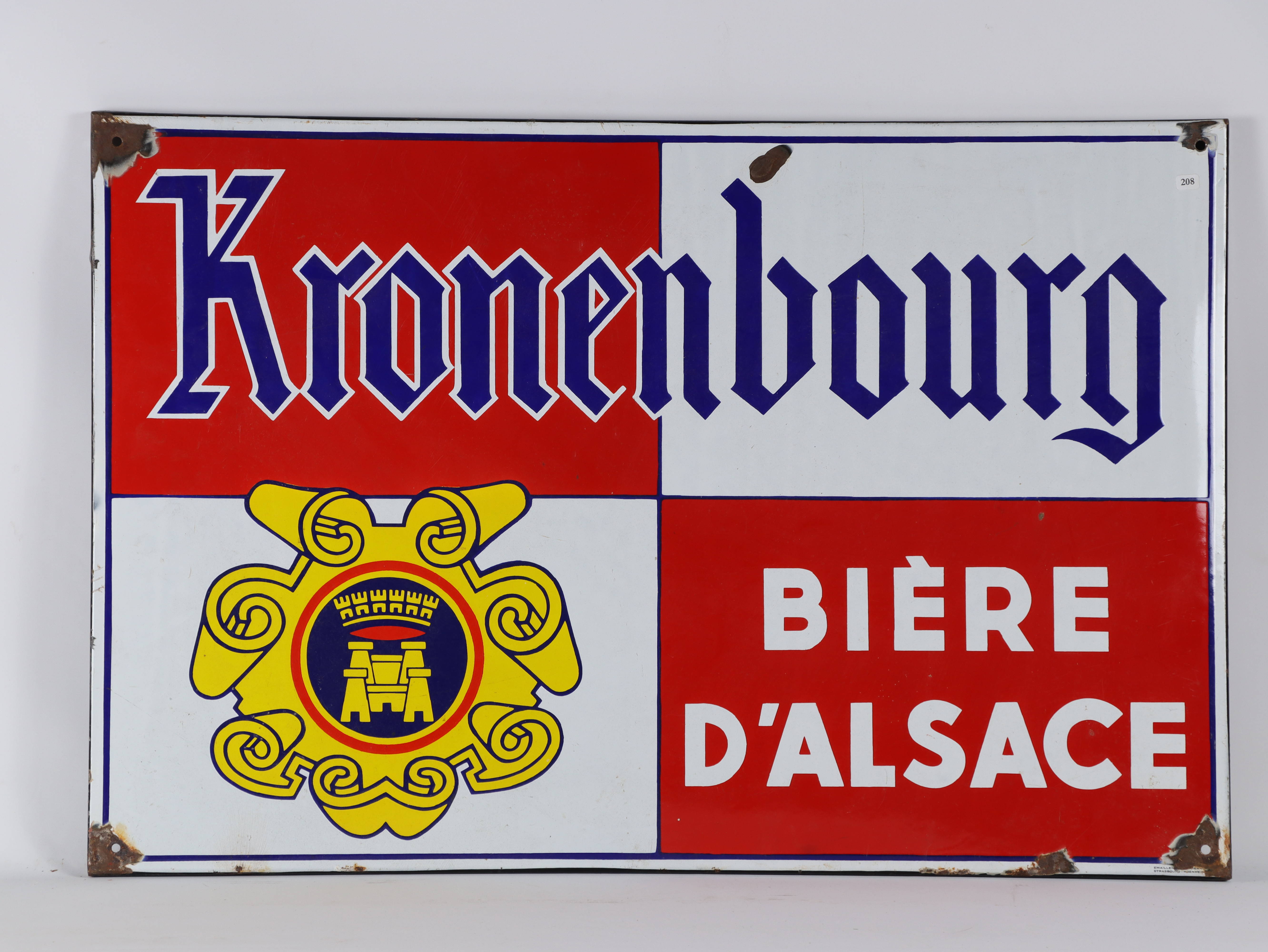 Kronenbourg Plaque émaillée Plate à Rebords Émaillerie Alsacienne Strasbourg 90 X 60cm 