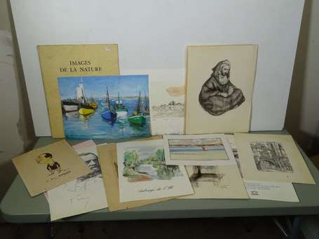 1 lot de gravures, dessins et aquarelles dont 2 