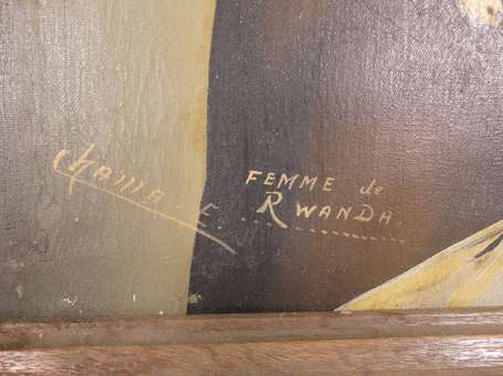 Ancienne huile sur toile titrée 'Femme du Rwanda'.