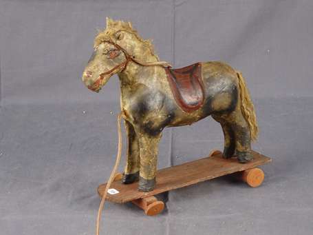 Petit cheval en papier mâché à trainer - H 25 cm L