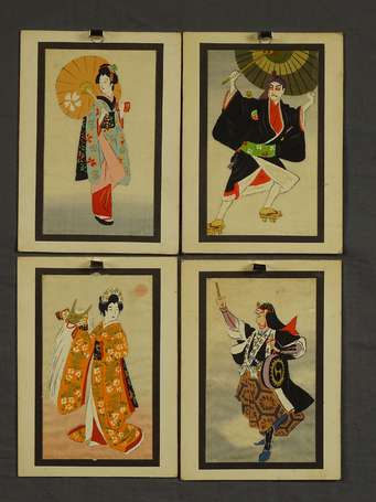 Chine ou Japon - 4 Peintures sur tissu - Hommes et