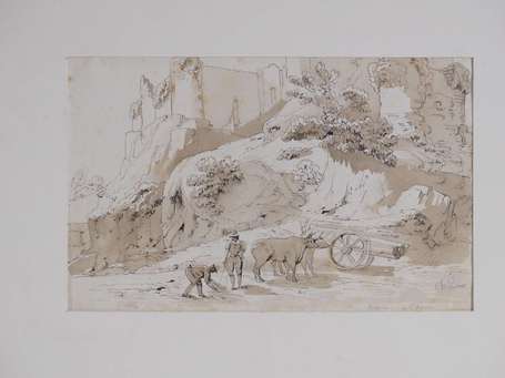 VASSEROT Ch. XIXe Paysage animé. Encre et lavis 