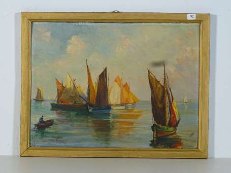 VAVASSEUR E. XXe  Bateaux de pêche en mer. Huile 