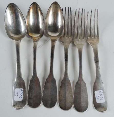 Lot de trois couverts en argent, modèle uni-plat, 