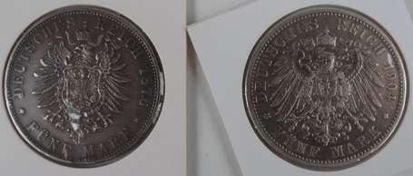 Allemagne (Bade). Lot de 2 pièces de 5 marks en 