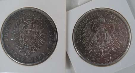 Allemagne (Bavière). Lot de 2 pièces de 5 marks en