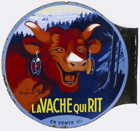 LA VACHE QUI RIT : Plaque émaillée double-face à 