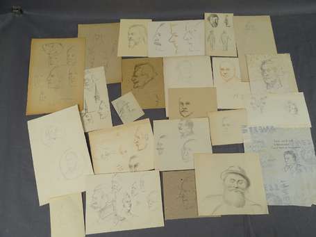 Lot d'études de portraits aux crayons