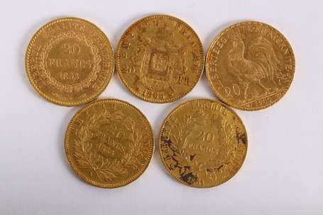 Lot de 5 pièces 20 Francs or Napoléon III et 