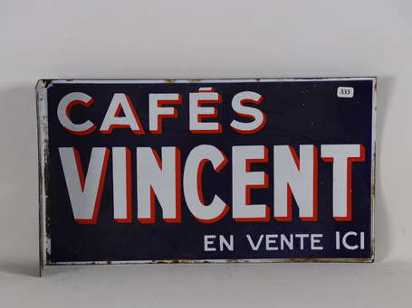 CAFÉS VINCENT : Plaque émaillée plate à équerre. 