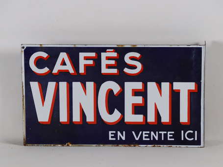 CAFÉS VINCENT : Plaque émaillée plate à équerre. 