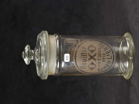 BOUILLON OXO : Bocal en verre sablé. H : 24.5cm.