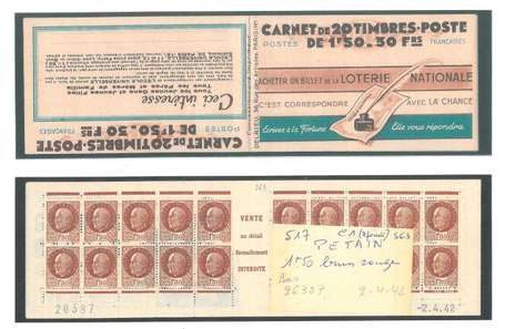 Carnet ancien N°517_C1. TYPE PETAIN - 1fr50. BRUN 