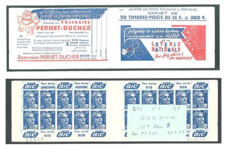 Carnet ancien N°886_C1. TYPE GANDON - 15fr.BLEU. 