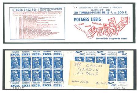 Carnet ancien N°886_C12. TYPE GANDON - 15fr.BLEU. 