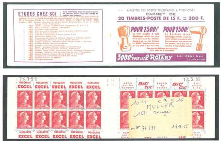 Carnet ancien N°1011_C3. TYPE MULLER - 15fr.ROUGE.