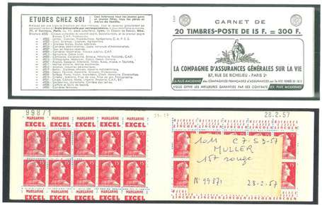 Carnet ancien N°1011_C7. TYPE MULLER - 15fr.ROUGE.