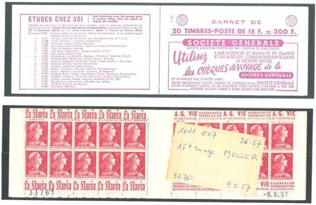 Carnet ancien N°1011_C27. TYPE MULLER - 15fr.ROUGE