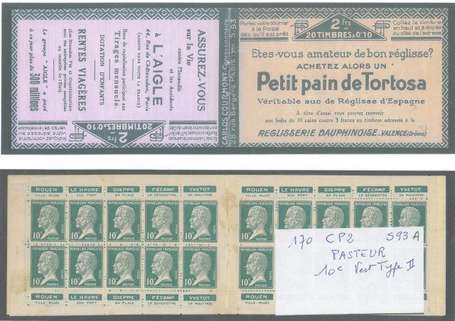 Carnet Ancien N°170_CP2  Type PASTEUR- 10c.VERT  