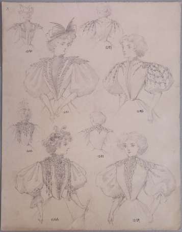 Lot de quatre dessins de mode des années 1890 