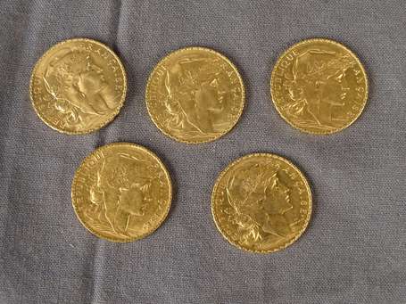 5 Pièces de 20 francs or 1906 - 1908 - 1911(2) - 