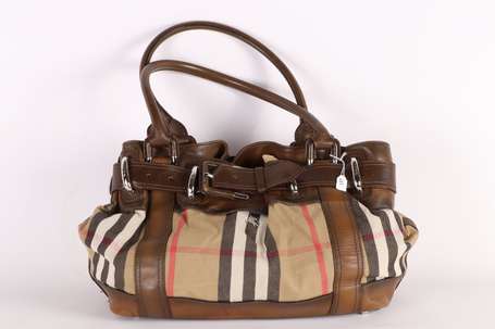 BURBERRY - Sac à main en cuir brun et toile tartan