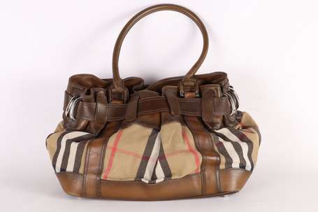 BURBERRY - Sac à main en cuir brun et toile tartan