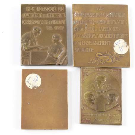 Lot de 4 plaquettes en bronze. Thème médecine. 