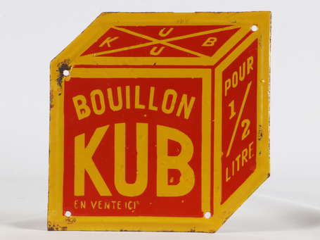 BOUILLON KUB : Petite plaque émaillée en découpe. 