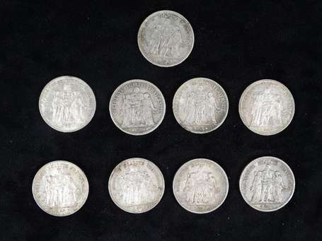 Lot de 9 pièces en argent de 5Fr, république 