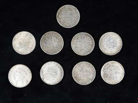 Lot de 9 pièces en argent de 5Fr, république 